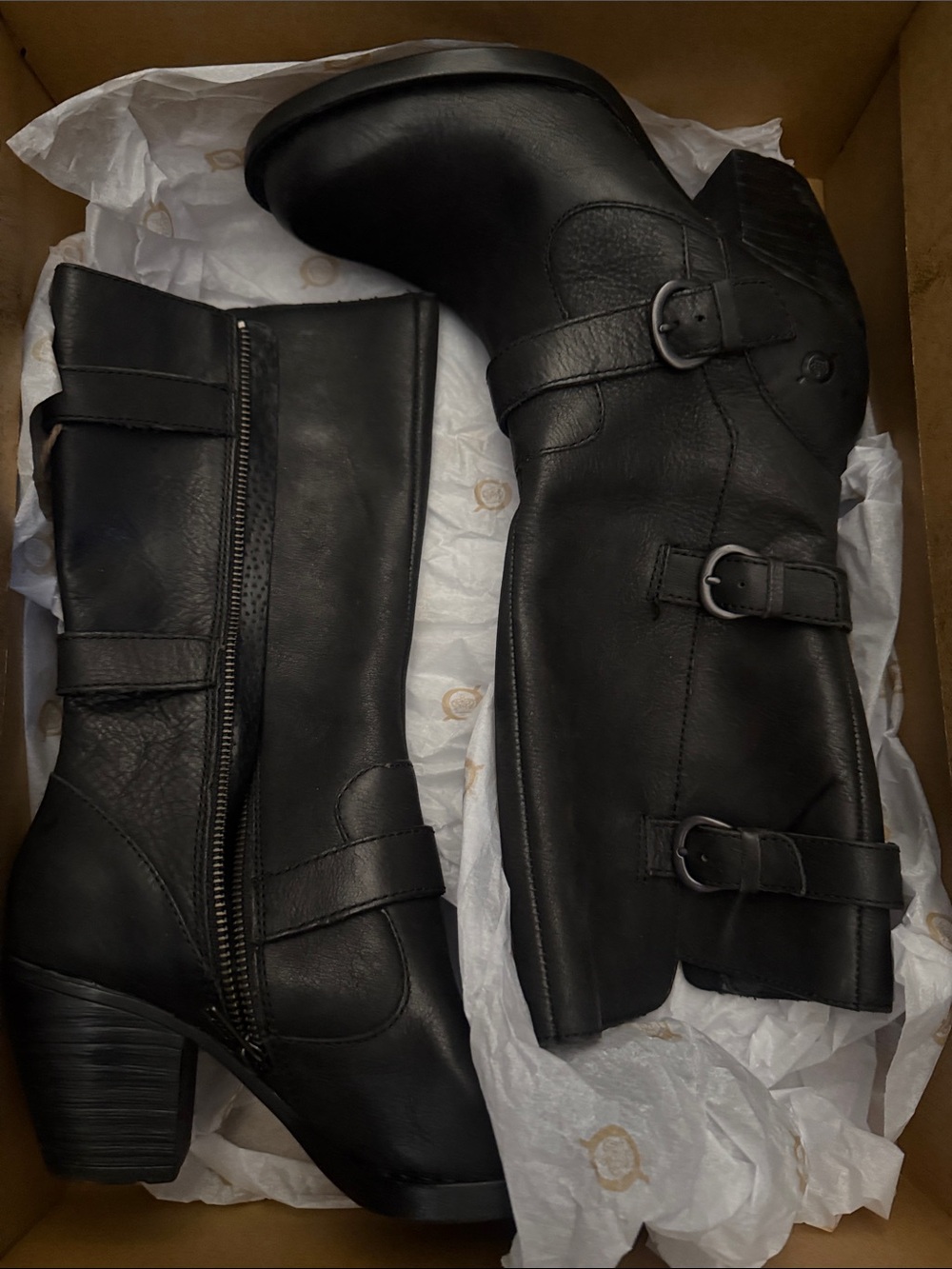 Born Black Mid-Calf Buckle Heeled Boots